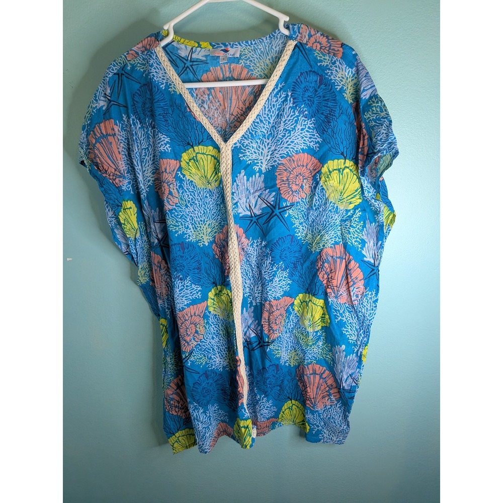 Sunny Oceans Womens Small Blue Cotton Sea Life Coral Shell Kaftan‎ Poncho Top